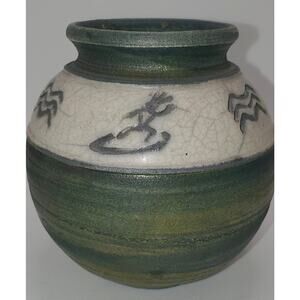 Hawaiian Raku Pottery Vase Signed By C Matti Maui Petroglyphs Faint Chip On Top